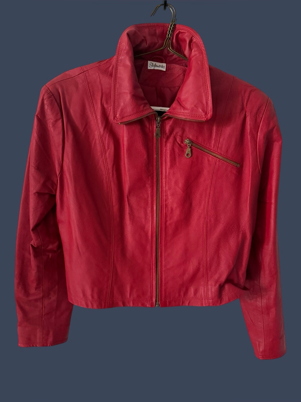 Vintage Styleworks Red Leather Jacket Womens Size 16 Cropped Moto Biker 90s Y2K